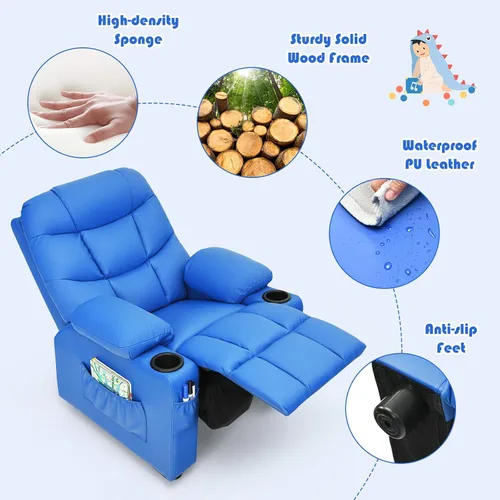 Miniatura 6 de Costzon Silla Reclinable para Niños con Portavasos, Silla de Salón de Cuero Ajustable con Reposapiés y Bolsillos Laterales para Habitación de Niños