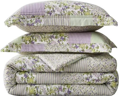 Miniatura 8 de Chezmoi Collection Daisy - Juego de edredón de retazos estampados de 3 piezas, diseño de mariposas moradas, caramelo botánico a cuadros, ropa