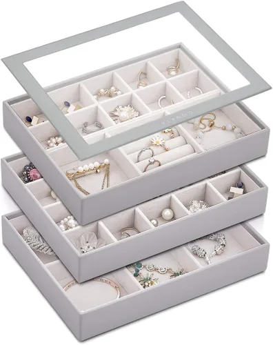 Vlando - Bandeja organizadora de joyas apilable de gran capacidad organizador de cajones bandeja de exhibición caja para anillos aretes collares