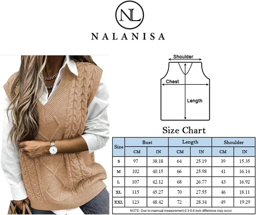 Miniatura 6 de NALANISA Suéter sin mangas con cuello en V para mujer, de gran tamaño, casual, holgado, de punto trenzado, sin botones, para otoño e invierno
