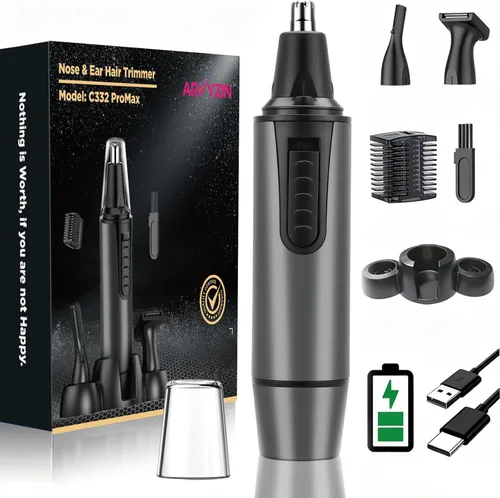 AREYZIN Cortapelos de nariz para hombres, kit recargable de recorte de orejas y nariz, recortadora facial de cejas sin dolor profesional, IPX7 Gris
