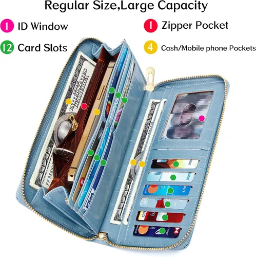 Miniatura 3 de Badiya Cartera para mujer con bloqueo RFID de cuero con cremallera de gran capacidad para tarjetas de crédito bolso largo Azul