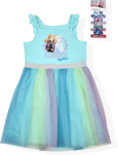 Disney Frozen Elsa and Anna - Vestido sin mangas para niñas con tutú y 4 lazos para el pelo de cola de caballo para niños pequeños, color azul, Azul