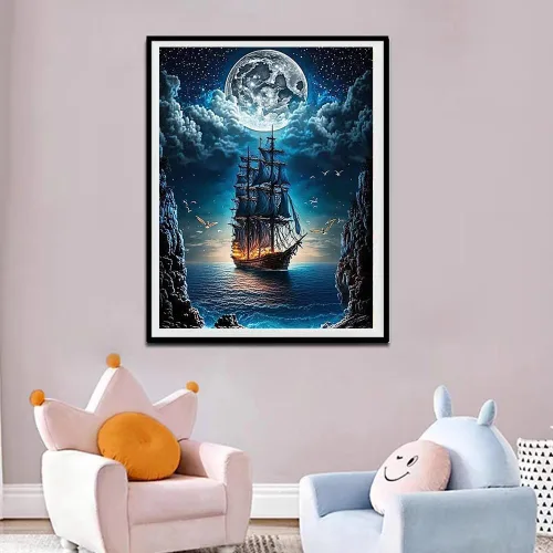 Miniatura 4 de NEGHER Kits de pintura de diamantes de paisaje 5D para adultos principiantes, DIY luna de barco de vapor, taladro redondo completo, kits de arte