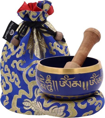 DharmaObjects ~ Juego de cuencos tibetanos OM MANI con mazo, cojín de brocado y bolsa de transporte, para meditación, curación de chakras, oración,