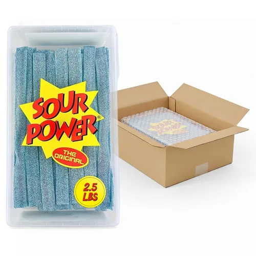 Sour Power Cinturones de caramelo azul baya de alta calidad, el caramelo agrio original desde 1985, tina resellable a granel de 2.5 libras, vegano,