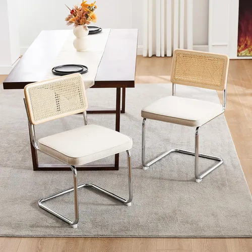 Miniatura 12 de Zesthouse Juego de 2 sillas de comedor de ratán natural, sillas de comedor modernas de mediados de siglo con respaldo de madera maciza y base
