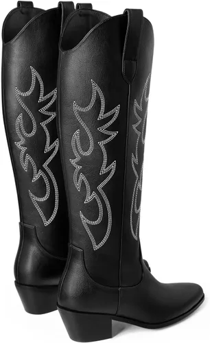 Miniatura 3 de Ouepiano - Botas vaqueras blancas para mujer, botas con longitud hasta la rodilla, tacón grueso y puntera puntiaguda, sin cordones, pantorrilla