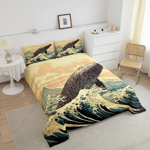 Miniatura 3 de Erosebridal Juego de edredón de ballena náutica, tamaño individual, juego de ropa de cama vintage azul con ondas oceánicas para niños y niñas