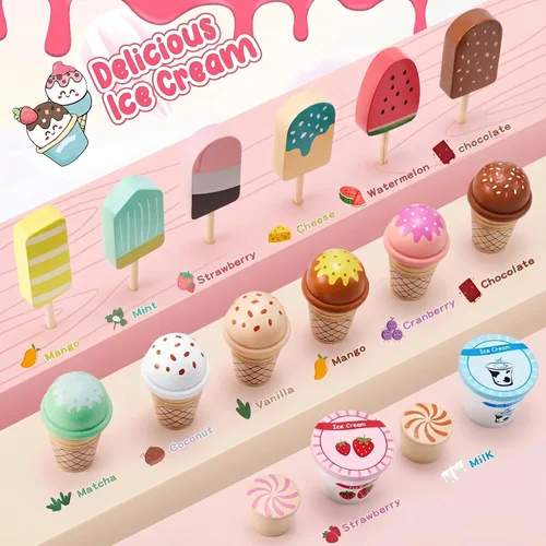 Miniatura 5 de WHOHOLL Juego de mostrador de helados de madera para niñas pequeñas, tienda de juegos, juguete de simulación, accesorios de cocina de juguete