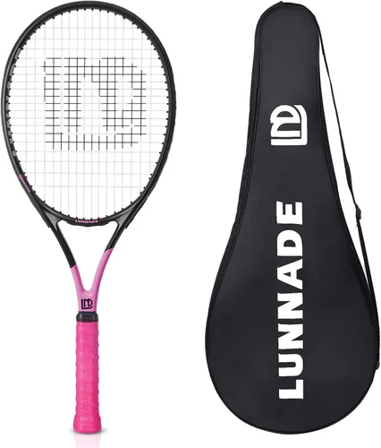 Raqueta de tenis para adultos de 27 pulgadas, raqueta de tenis de fibra de carbono a prueba de golpes, ligera, pre-cordada y con empuñadura, Negro y