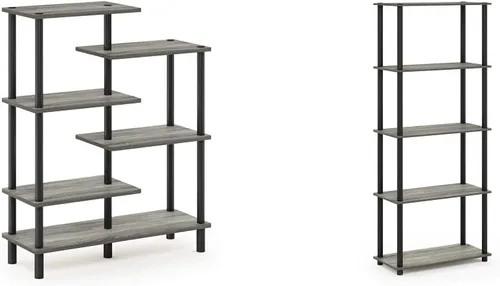 Furinno Turn-N-Tube Estante de exhibición de 6 niveles, roble francés gris/negro, estante multiusos de 5 niveles, roble francés gris/negro