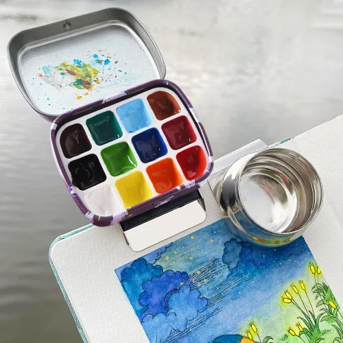 Miniatura 6 de Caja de estuche de acuarela portátil de mini lata de 12 pozos vacía con bandeja de mezcla de pintura es un pequeño kit de almacenamiento para viajes