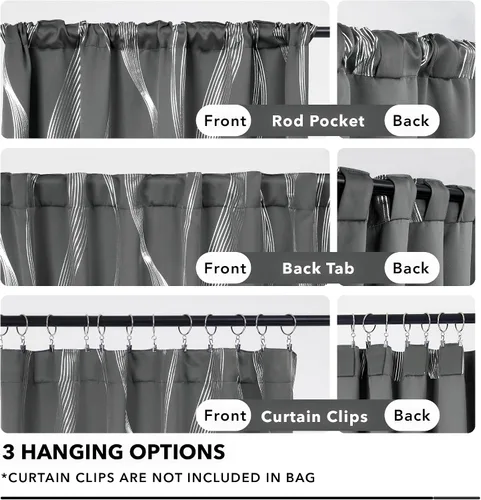 Miniatura 3 de Deconovo - Cortinas blackout con aislamiento térmico para comedor y cocina, estampado a rayas plateadas, trabillas traseras y bolsillo para Gris