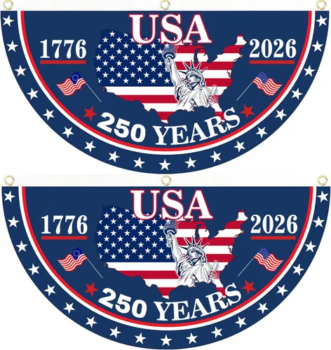 2 banderas de Estados Unidos con el número 250 aniversario, banderas de abanico 1776-2026 de 1.5 x 3 pies, bandera de aniversario de 250 años para