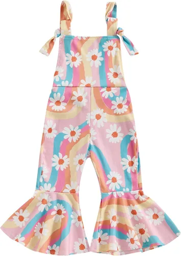 ZyHwShine Conjunto de tirantes acampanados para niñas, con volantes, botones, ombliguera, pantalones de campana, pantalones de verano para niños