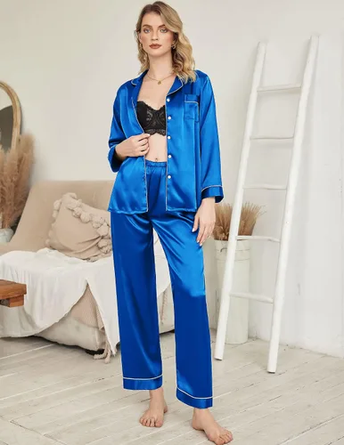 Miniatura 2 de Ekouaer Conjunto de pijama de satén largo clásico de verano para mujer