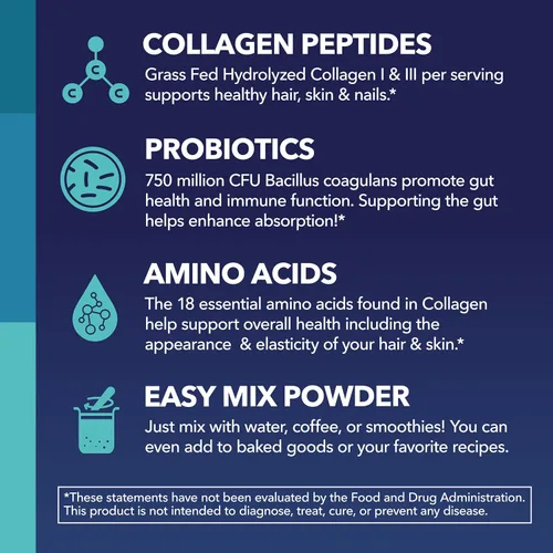 Miniatura 6 de Polvo de péptidos de colágeno con probióticos - Alimentado con pasto hidrolizado tipo I y III para la salud del cabello, la piel y las uñas
