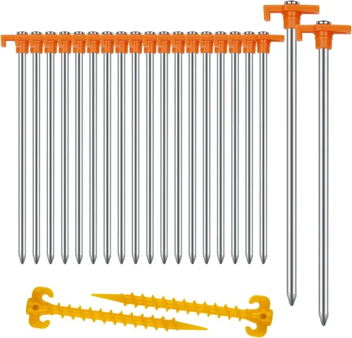 20+2 PCS Estacas de Tienda de Campaña Resistentes de 9.8 Pulgadas, Estacas de Metal Antióxido, Estacas para Tienda de Campaña, Estacas de Suelo,