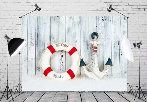 Miniatura 2 de BELECO Telón de fondo náutico decorativo de tela de 5 x 3 pies, ancla de madera blanca, fondo de pared de madera para marinero, fondo de fotografía