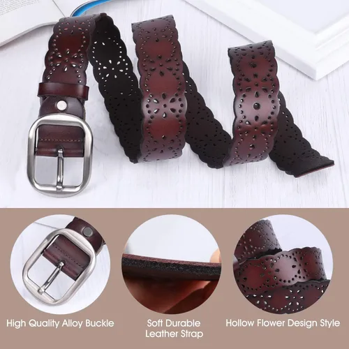 Miniatura 3 de JASGOOD Cinturón de cuero de flor hueca para mujer para pantalones vaqueros Cinturón ancho para damas