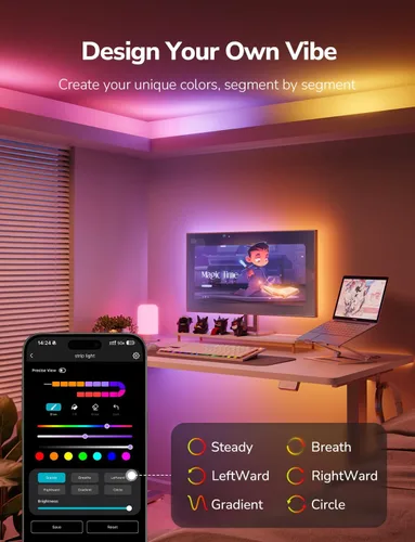 Miniatura 7 de Lepro S1 - Tira de luces LED AI para dormitorio, tiras de luz RGB inteligentes de 16.4 pies con efectos de persecución IC y arcoíris, segmento