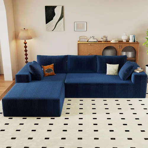 Miniatura 17 de Sofá seccional modular de 96", sofá en forma de L tipo nube sin estructura con chaise lounge, tapizado de pana con asiento profundo de espuma Negro