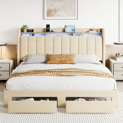 Miniatura 3 de SHA CERLIN Base de cama de plataforma de tamaño matrimonial con cabecera de canal vertical copetuda y 2 cajones de almacenamiento, estantes de 2