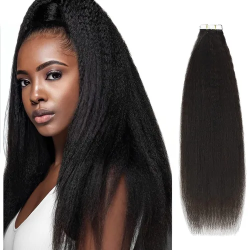 ABH AMAZINGBEAUTY HAIR Extensiones de cabello humano lacio tipo afro con cinta, color negro natural, extensiones de cabello humano real Remi,