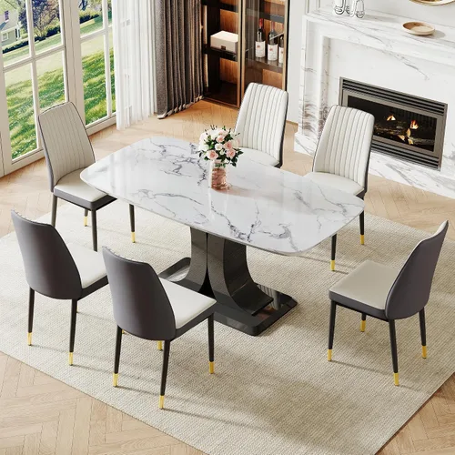 Miniatura 15 de Juego de mesa de comedor moderno para 6, juego de mesa de cocina y sillas de mármol para 6, mesa de cocina rectangular con 6 sillas tapizadas