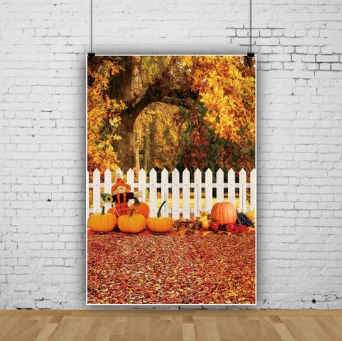 Miniatura 2 de Laeacco Fondos de fotografía de otoño de 3 x 5 pies, fondo de otoño para el día de Acción de Gracias, valla blanca, hojas de calabaza, cosecha, baby