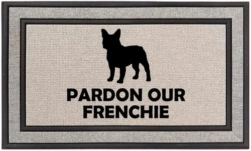 Felpudo para interiores y exteriores, 18 x 30 pulgadas, color gris, beige y negro, tapete de puerta con parte trasera de goma Perdón nuestro Bulldog