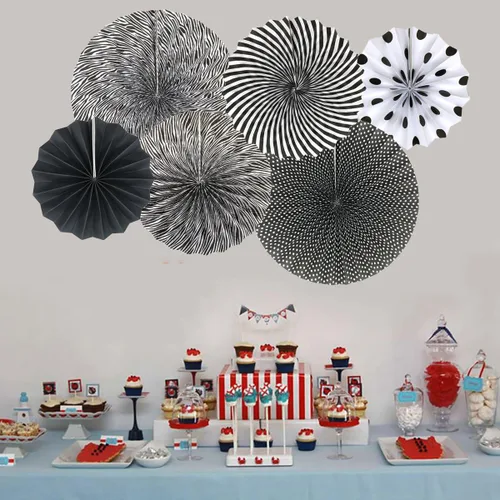 Miniatura 6 de Juego de 6 abanicos de papel para colgar en fiestas, guirnaldas de papel con patrón redondo negro para decoración de cumpleaños, bodas, eventos