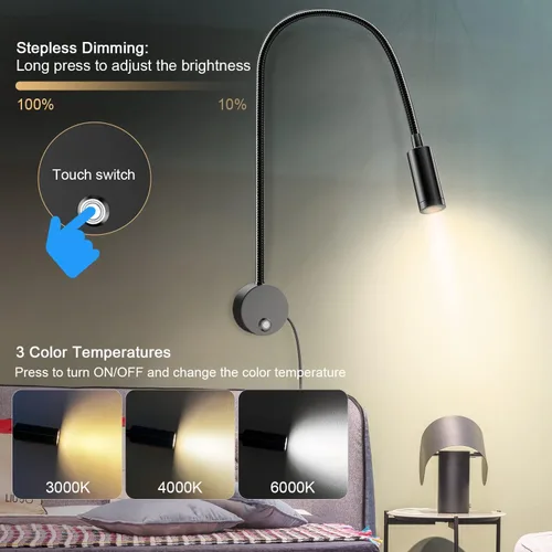 Miniatura 2 de Luz de lectura LED montada en la pared con cuello de cisne flexible de 15 pulgadas, luz de libro regulable para leer en la cama con puerto de carga