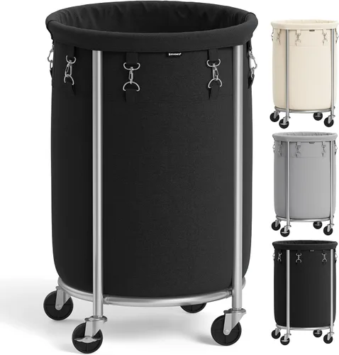 SONGMICS Cesta de lavandería de 18.5 galones (70 L) con ruedas, cesta de lavandería redonda con marco de acero y bolsa extraíble, 2 ruedas de Tinta