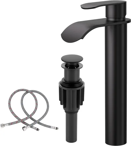 Canilla para lavabo de recipiente color negro para baño: WOWOW - Canilla de baño alta de una sola manija - Canilla mezcladora de caída en cascada de