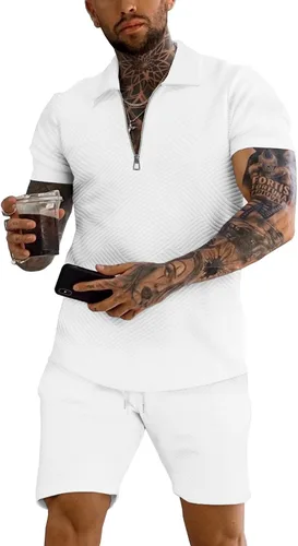 URRU Conjunto de camisa polo y pantalones cortos para hombre, trajes de verano a la moda, casual, manga corta, traje polo para hombre, 2 piezas,