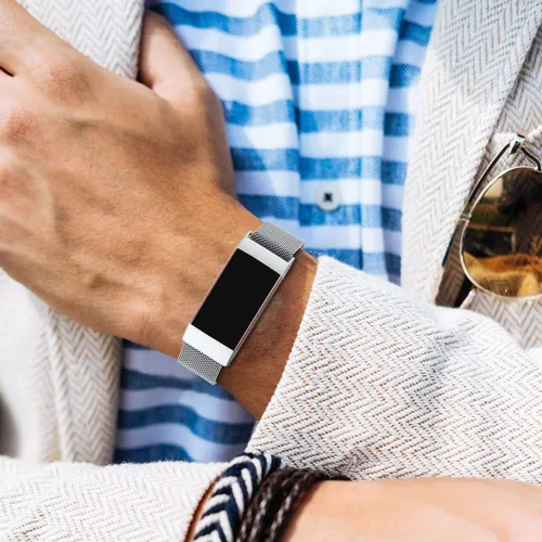Miniatura 6 de Bandas de metal compatibles con Fitbit Charge 4 y Fitbit Charge 3 bandas para mujeres hombres, correa de repuesto magnética de malla de acero
