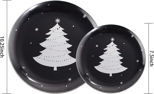 Miniatura 3 de WDF 50 platos de Navidad de plástico, platos negros y plateados con árbol de Navidad, incluyen 25 platos llanos, 25 platos de ensalada, platos