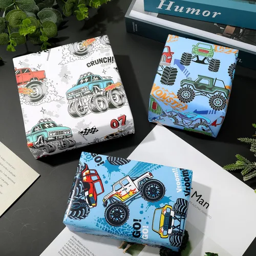 Miniatura 4 de 12 hojas de papel de regalo para camión, no enrollable, papel de regalo de caricaturas de carreras de autos de carreras, plegado a granel, plano
