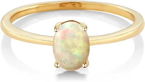 Miniatura 2 de Gem Stone King Anillo de compromiso solitario de oro amarillo de 10 quilates con ópalo etíope blanco para mujer cabujón ovalado de 051 quilates