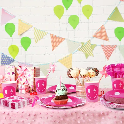 Miniatura 7 de durony 144 Piezas Decoraciones de Cumpleaños Preppy Cara Sonriente Rosa Juego de Vajilla Platos Sonrientes Preppy Tazas Servilletas y Tenedores