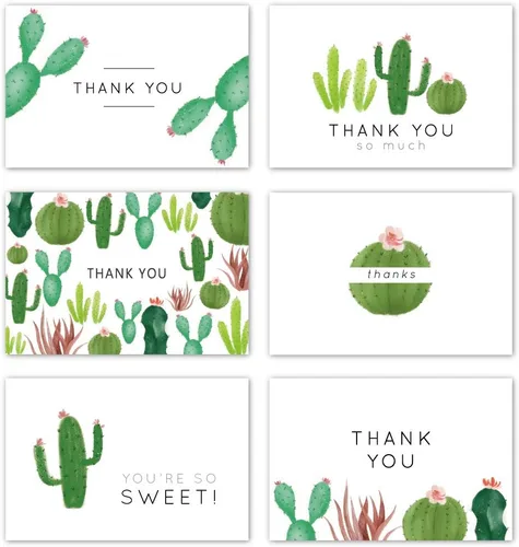Gooji Tarjetas de agradecimiento de cactus de 4 x 6 (paquete de 36 unidades, sobres blancos a juego), juego surtido, acuarela, gráficos coloridos,