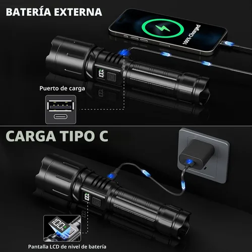 Miniatura 6 de Linterna recargable 99000 lúmenes altos, luz LED súper brillante, linternas tácticas con pantalla de alimentación LCD, 6 modos, impermeable