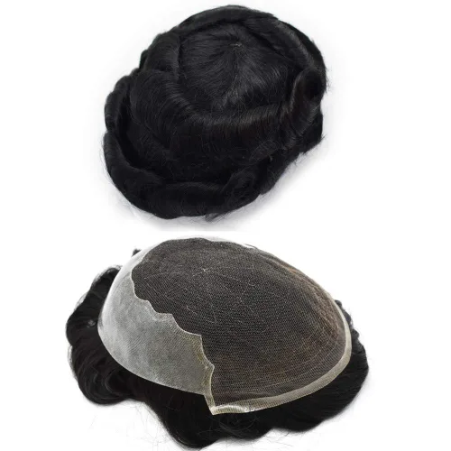Miniatura 64 de Peluca de repuesto de cabello natural de poliuretano con encaje frontal para hombre (7x9 pulgadas, densidad de luz, 1B40# negro natural con 40% gris)