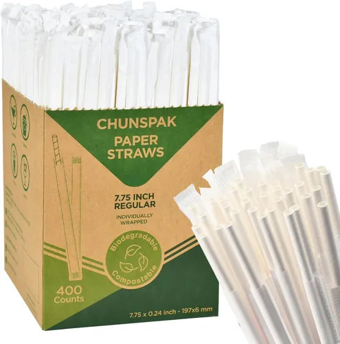 Miniatura 11 de Pajitas de papel desechables envueltas individualmente de 7.75 x 0.24 pulgadas, rayas coloridas [400 unidades] - biodegradables ecológicos
