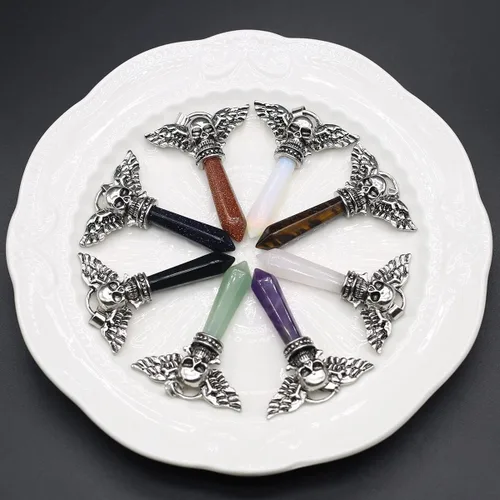 Miniatura 7 de LHJ 7 colgantes de piedra natural hexagonales puntiagudos chakras cristal ágata piedra cráneo ala diablo aleación diseño para hacer joyas collar