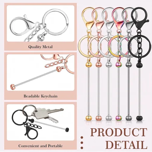Miniatura 4 de Huwena 6 piezas de llaveros con cuentas, barras en blanco, llavero de cuentas de metal para colgante, manualidades, joyería, regalo Varios