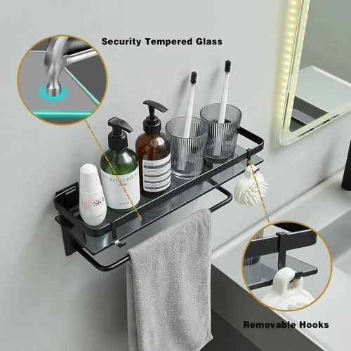 Miniatura 8 de VOLPONE Estante de vidrio para baño de 15.7 pulgadas, estantes de baño negros, estantes de vidrio templado montados en la pared con 4 ganchos
