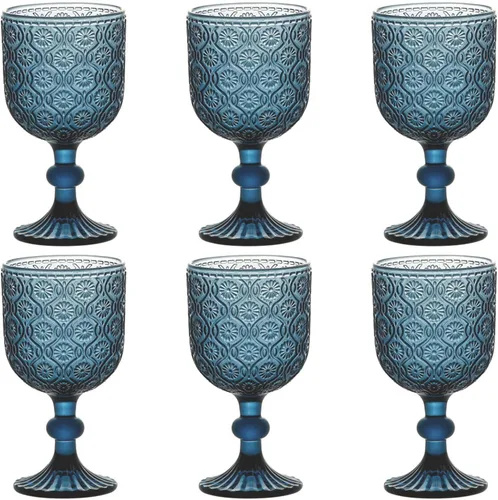 Taganov Juego de 6 copas de vino de vidrio azul vintage, cristalería para beber con tallo, 12 onzas, 350 ml, para bodas, fiestas, barra, patrón